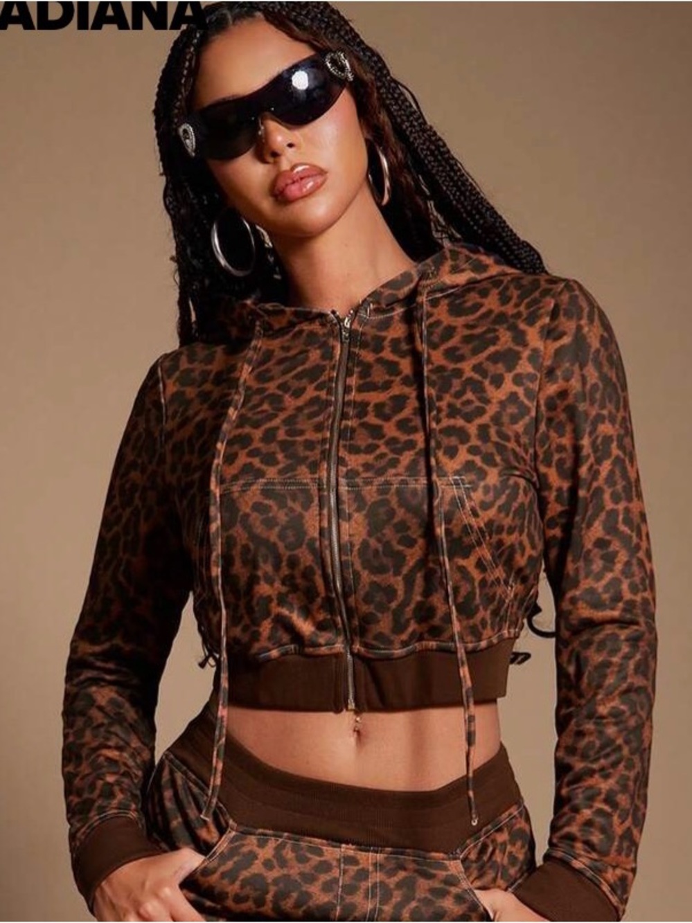 SHEIN Brown Leopard Print Cropped Zip Hoodie